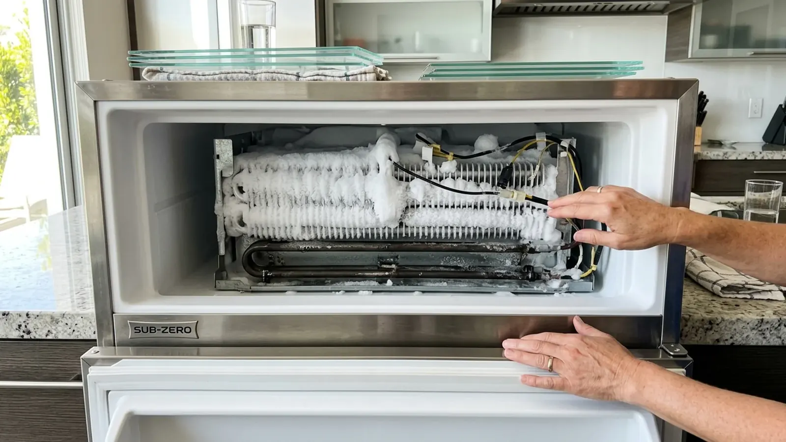 Technician inspecting the defrost heater inside a Sub-Zero freezer in an Anthem home