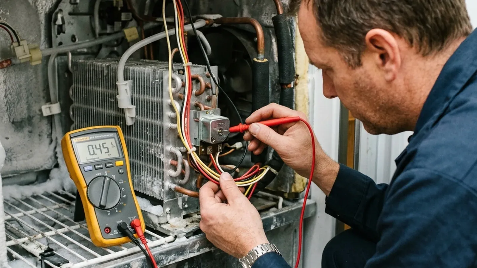 Technician testing the evaporator circuit with a multimeter inside a Sub-Zero refrigerator in a Grayhawk home