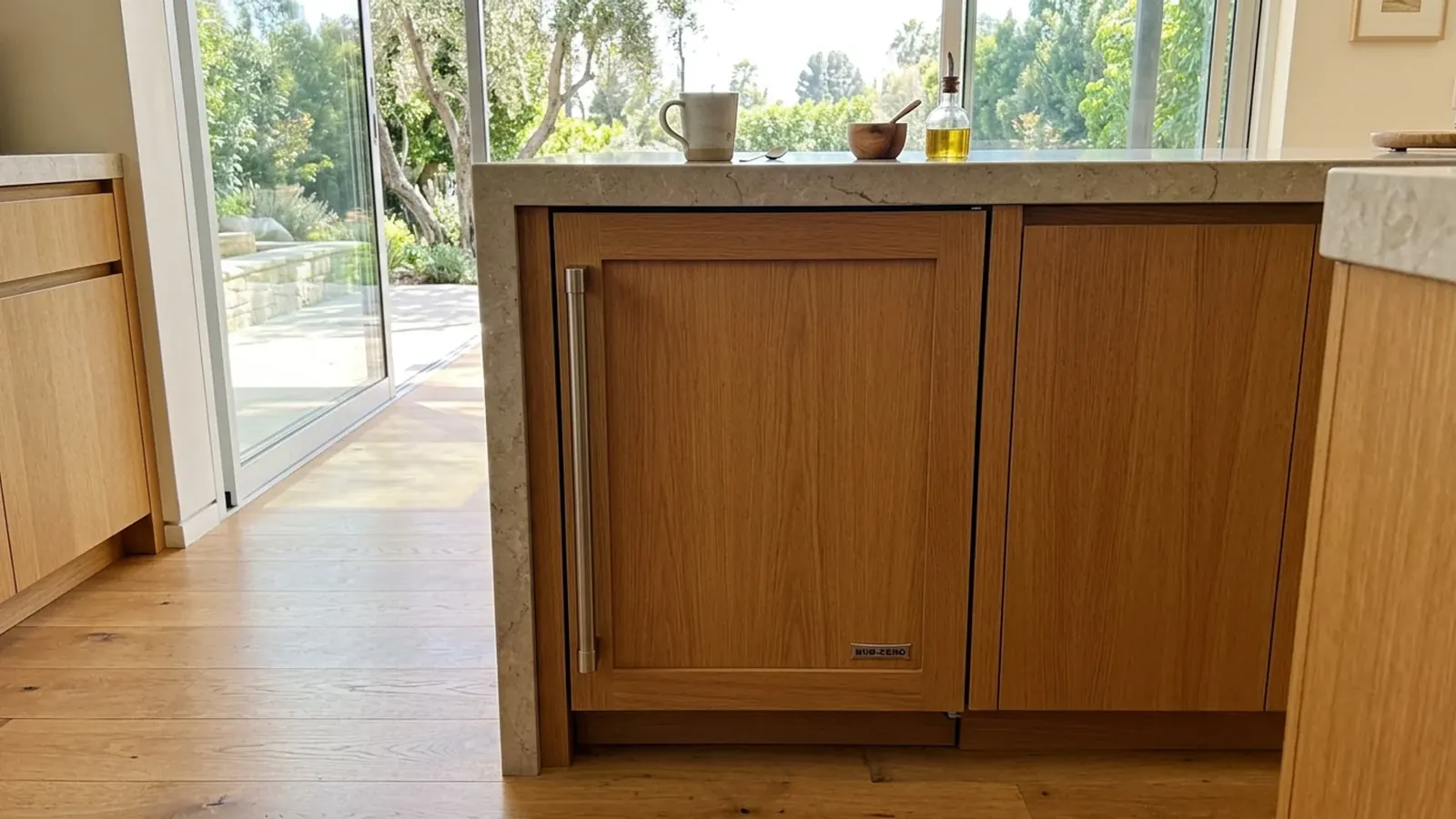 Technician repairing a panel-ready built-in Sub-Zero refrigerator in a North Scottsdale estate kitchen