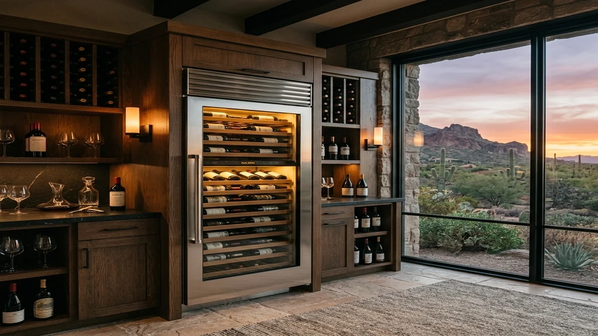 Sub-Zero wine column lit in a Scottsdale home bar with the desert at sunset behind it
